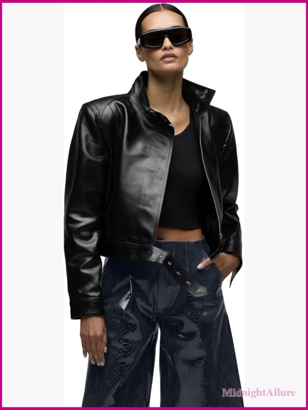 Vintage Faux Leather Moto Jacket with Funnel Collar and Belt